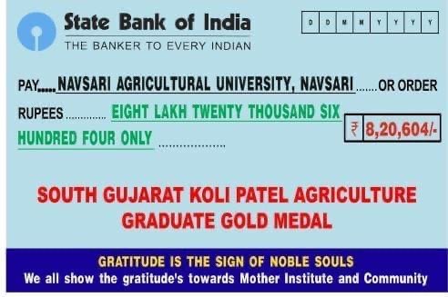 A learned council and representatives of south Gujarat Koli Patel Agriculture Graduate fraternity gathered to donate TWO Gold Medals for Undergraduate students of Agriculture and Horticulture faculty of NAU Navsari.