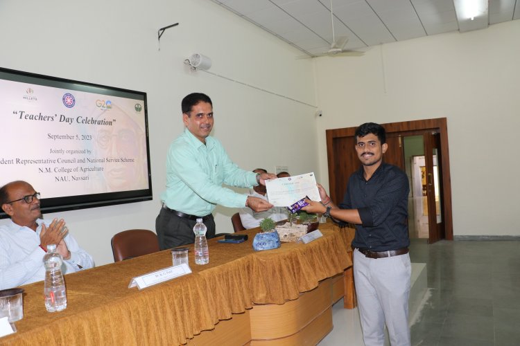 "Teachers Day" was celebrated at N. M. College of Agriculture, Navsari on September 05, 2023. Roles were switched for this precious day, students of college played as teachers and teachers were encouraging them as audience. 