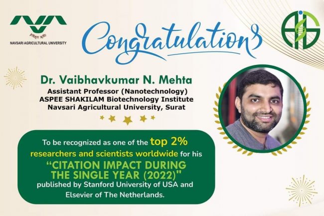 Hon’ble Vice-Chancellor Dr. Z. P. Patel congratulated Dr. Vaibhavkumar N. Mehta, Assistant Professor (Nanotechnology), ASPEE SHAKILAM Biotechnology Institute, Surat for featuring in top 2% researchers and scientists worldwide for his "citation impact during the single year (2022)" 