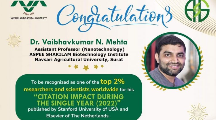 Hon’ble Vice-Chancellor Dr. Z. P. Patel congratulated Dr. Vaibhavkumar N. Mehta, Assistant Professor (Nanotechnology), ASPEE SHAKILAM Biotechnology Institute, Surat for featuring in top 2% researchers and scientists worldwide for his "citation impact during the single year (2022)" 