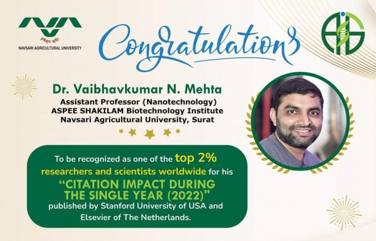 Hon’ble Vice-Chancellor Dr. Z. P. Patel congratulated Dr. Vaibhavkumar N. Mehta, Assistant Professor (Nanotechnology), ASPEE SHAKILAM Biotechnology Institute, Surat for featuring in top 2% researchers and scientists worldwide for his "citation impact during the single year (2022)" 