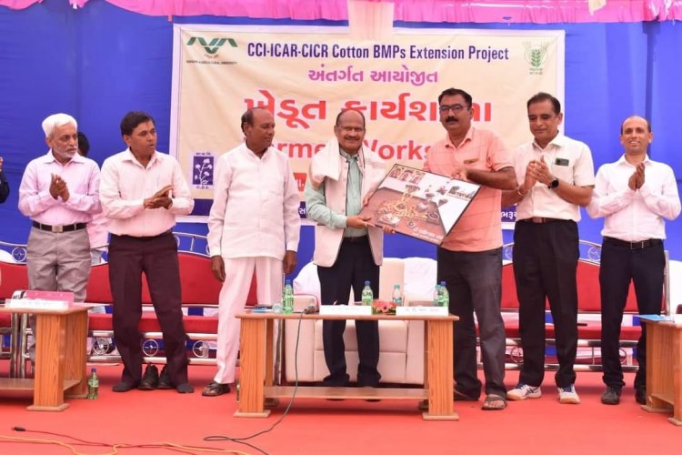 The 'CCI-ICAR-CICR Cotton BMPs Extension Pilot Project,' sponsored a 'Farmers Workshop' was organised under the chairmanship of Hon'ble Vice-Chancellor Dr. Z. P. Patel at Tuna Village, Valia Taluka, Bharuch