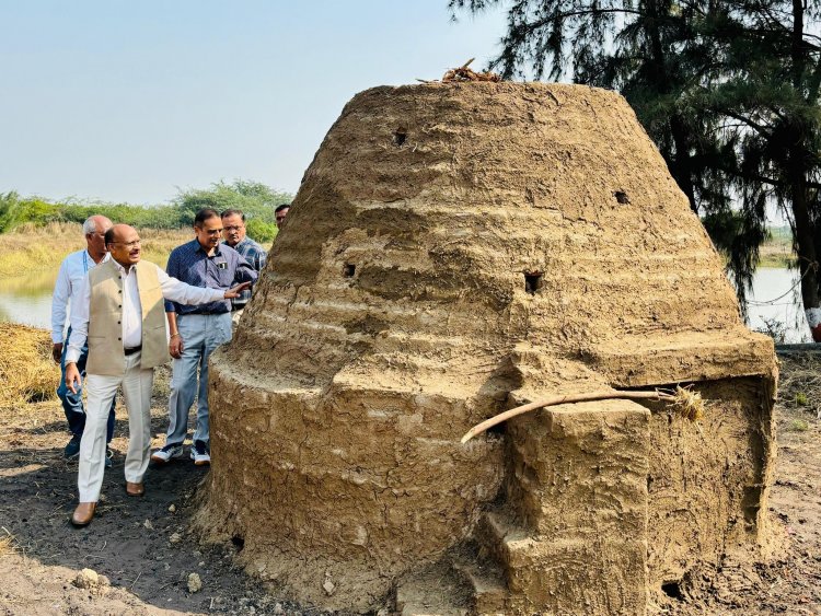 Hon'ble Vice-Chancellor Dr. Z. P. Patel along with Dr. V. R. Naik, ADR and Dr. J. M. Patel, Research Scientist, SWMRU inaugurated and lit fire to set on functioning the indigenous low cost, high efficient wood and organic matter pyrolysis Kiln to produce carbon rich stable Biochar from the ‘Prosopis juliflora’ wood at Coastal Soil Salinity Research Station, Danti on January 17, 2024