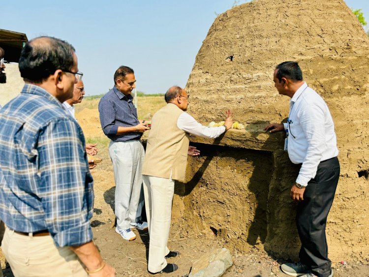 Hon'ble Vice-Chancellor Dr. Z. P. Patel along with Dr. V. R. Naik, ADR and Dr. J. M. Patel, Research Scientist, SWMRU inaugurated and lit fire to set on functioning the indigenous low cost, high efficient wood and organic matter pyrolysis Kiln to produce carbon rich stable Biochar from the ‘Prosopis juliflora’ wood at Coastal Soil Salinity Research Station, Danti on January 17, 2024