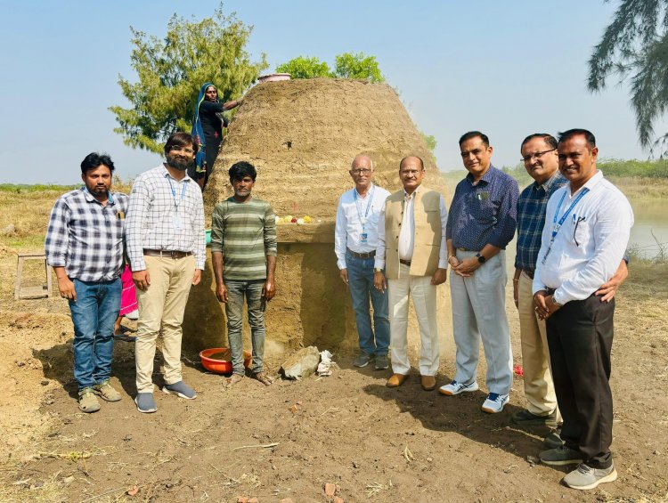 Hon'ble Vice-Chancellor Dr. Z. P. Patel along with Dr. V. R. Naik, ADR and Dr. J. M. Patel, Research Scientist, SWMRU inaugurated and lit fire to set on functioning the indigenous low cost, high efficient wood and organic matter pyrolysis Kiln to produce carbon rich stable Biochar from the ‘Prosopis juliflora’ wood at Coastal Soil Salinity Research Station, Danti on January 17, 2024