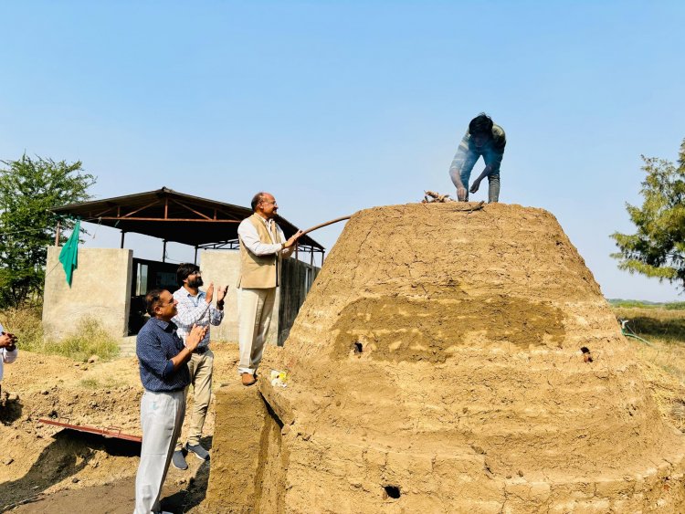 Hon'ble Vice-Chancellor Dr. Z. P. Patel along with Dr. V. R. Naik, ADR and Dr. J. M. Patel, Research Scientist, SWMRU inaugurated and lit fire to set on functioning the indigenous low cost, high efficient wood and organic matter pyrolysis Kiln to produce carbon rich stable Biochar from the ‘Prosopis juliflora’ wood at Coastal Soil Salinity Research Station, Danti on January 17, 2024