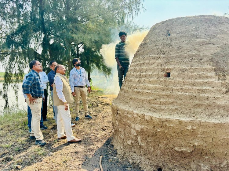 Hon'ble Vice-Chancellor Dr. Z. P. Patel along with Dr. V. R. Naik, ADR and Dr. J. M. Patel, Research Scientist, SWMRU inaugurated and lit fire to set on functioning the indigenous low cost, high efficient wood and organic matter pyrolysis Kiln to produce carbon rich stable Biochar from the ‘Prosopis juliflora’ wood at Coastal Soil Salinity Research Station, Danti on January 17, 2024