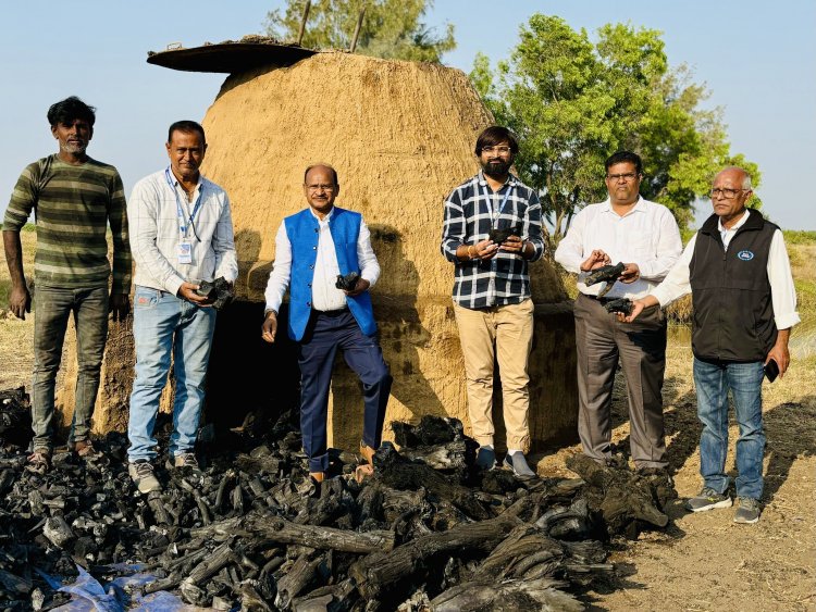 First lot of stable and carbon rich Biochar prepared in indigenous low cost, high efficient wood and organic matter pyrolysis Kiln set on fire on January 17, was opened and harvested by Hon'ble Vice-Chancellor Dr. Z. P. Patel on January 20, 2024 at Coastal Soil Salinity Research Station, NAU, Danti.