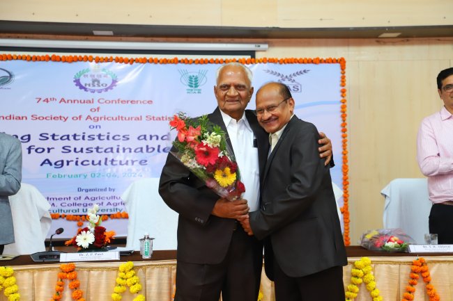 During the inaugural function of the 74th ISAS (Indian Society of Agricultural Statistics) conference held at NAU Navsari from February 02-04, 2024, Hon’ble Vice-Chancellor Dr. Z. P. Patel extended heartfelt felicitations to Dr. N. M. Patel, former principal of B. A. College of Agriculture, AAU, Anand, Gujarat.