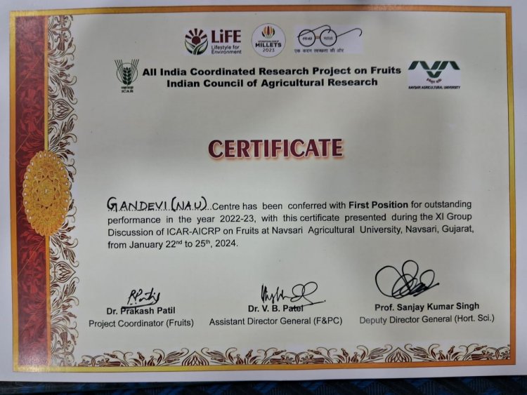 For the fourth consecutive time, the Fruits Research Station, Gandevi has been honored with the 'Best Centre Award' for its exceptional contributions in 2022-23.