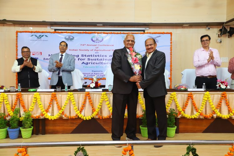 During the inaugural function of the 74th ISAS (Indian Society of Agricultural Statistics) conference held at NAU Navsari from February 02-04, 2024, Hon’ble Vice-Chancellor Dr. Z. P. Patel extended heartfelt felicitations to Dr. N. M. Patel, former principal of B. A. College of Agriculture, AAU, Anand, Gujarat.