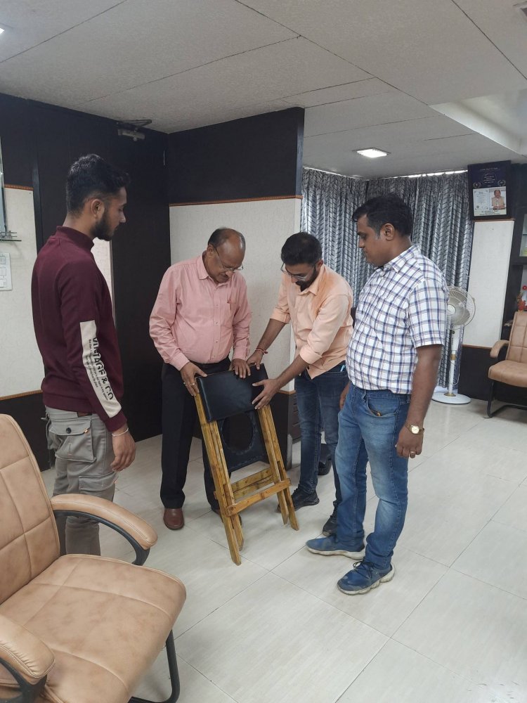 Hon'ble Vice Chancellor Dr. Z. P. Patel inaugurated a portable, multipurpose folding bamboo seat, an innovative project developed by students Mr. Hardik H. Pardava and Mr. Vishal Jotav.