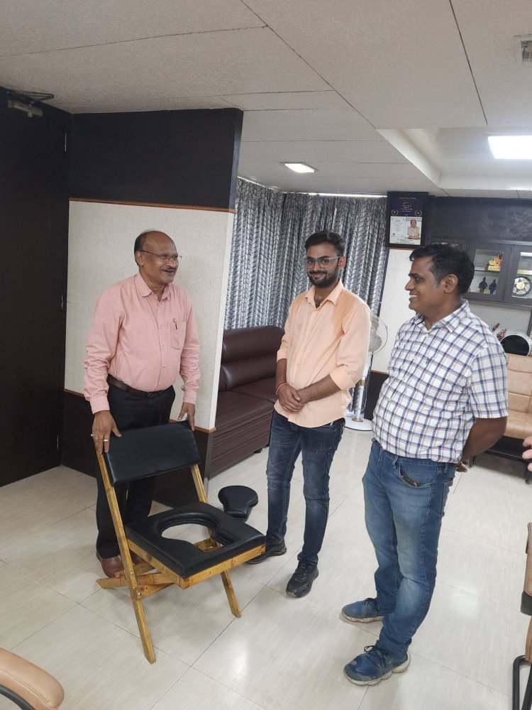 Hon'ble Vice Chancellor Dr. Z. P. Patel inaugurated a portable, multipurpose folding bamboo seat, an innovative project developed by students Mr. Hardik H. Pardava and Mr. Vishal Jotav.