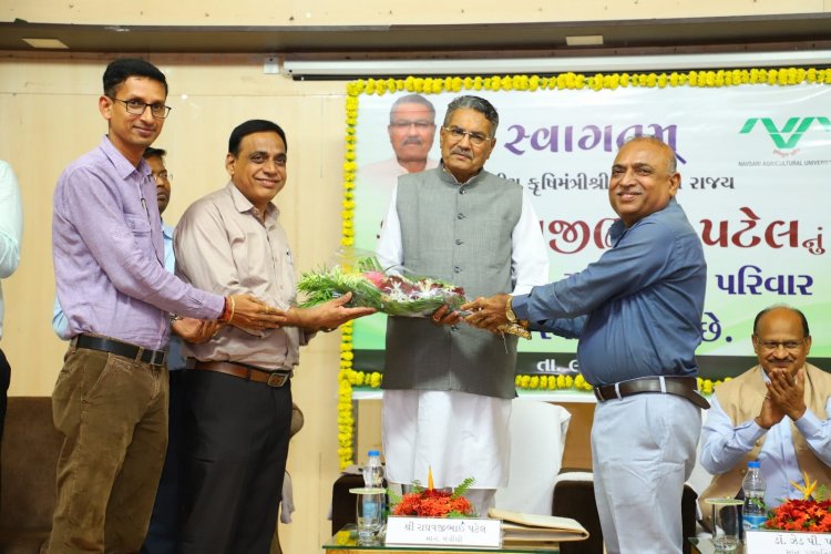 Shri Raghavjibhai Patel, Hon'ble Minister of Agriculture, Animal Husbandry, Cow-Breeding and Fisheries visited NAU Navsari and addressed a large gathering of over 300 teachers, agricultural scientists, and students on August 9, 2024.