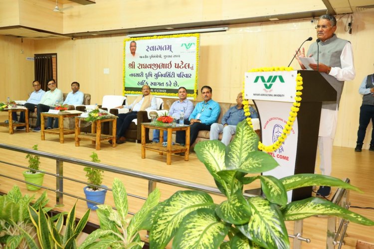 Shri Raghavjibhai Patel, Hon'ble Minister of Agriculture, Animal Husbandry, Cow-Breeding and Fisheries visited NAU Navsari and addressed a large gathering of over 300 teachers, agricultural scientists, and students on August 9, 2024.