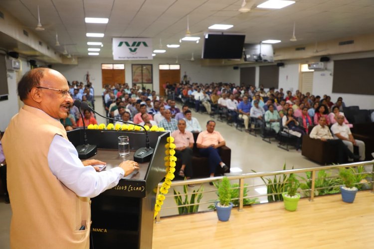 Shri Raghavjibhai Patel, Hon'ble Minister of Agriculture, Animal Husbandry, Cow-Breeding and Fisheries visited NAU Navsari and addressed a large gathering of over 300 teachers, agricultural scientists, and students on August 9, 2024.