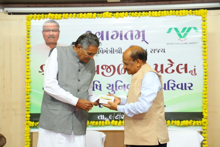 Shri Raghavjibhai Patel, Hon'ble Minister of Agriculture, Animal Husbandry, Cow-Breeding and Fisheries visited NAU Navsari and addressed a large gathering of over 300 teachers, agricultural scientists, and students on August 9, 2024.