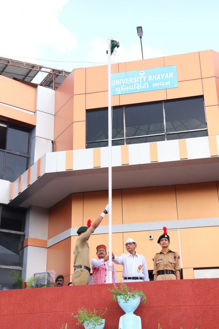 Hon’ble Vice-Chancellor Dr. Z. P. Patel hoists the National Flag at University Bhavan of NAU Navsari to celebrate the 78th Independence Day.