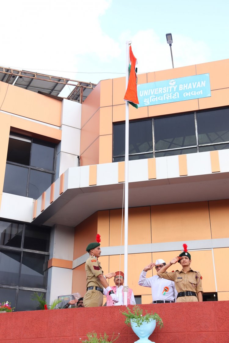 Hon’ble Vice-Chancellor Dr. Z. P. Patel hoists the National Flag at University Bhavan of NAU Navsari to celebrate the 78th Independence Day.