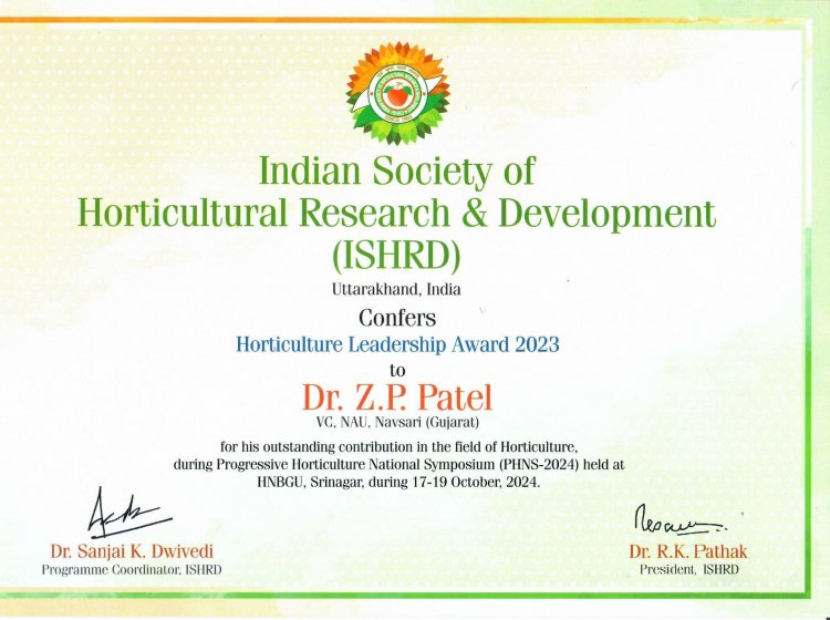 Hon’ble Vice-Chancellor Dr. Z. P. Patel has been conferred with the prestigious ISHRD Horticulture Leadership Award 2023 for his exceptional contributions to the field of horticulture.