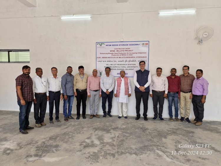 Hon'ble Vice-Chancellor Dr. Z. P. Patel inaugurated the NFSM Seed Storage Godown-2 at Rambhas Farm of Hill Millet Research Station, Waghai