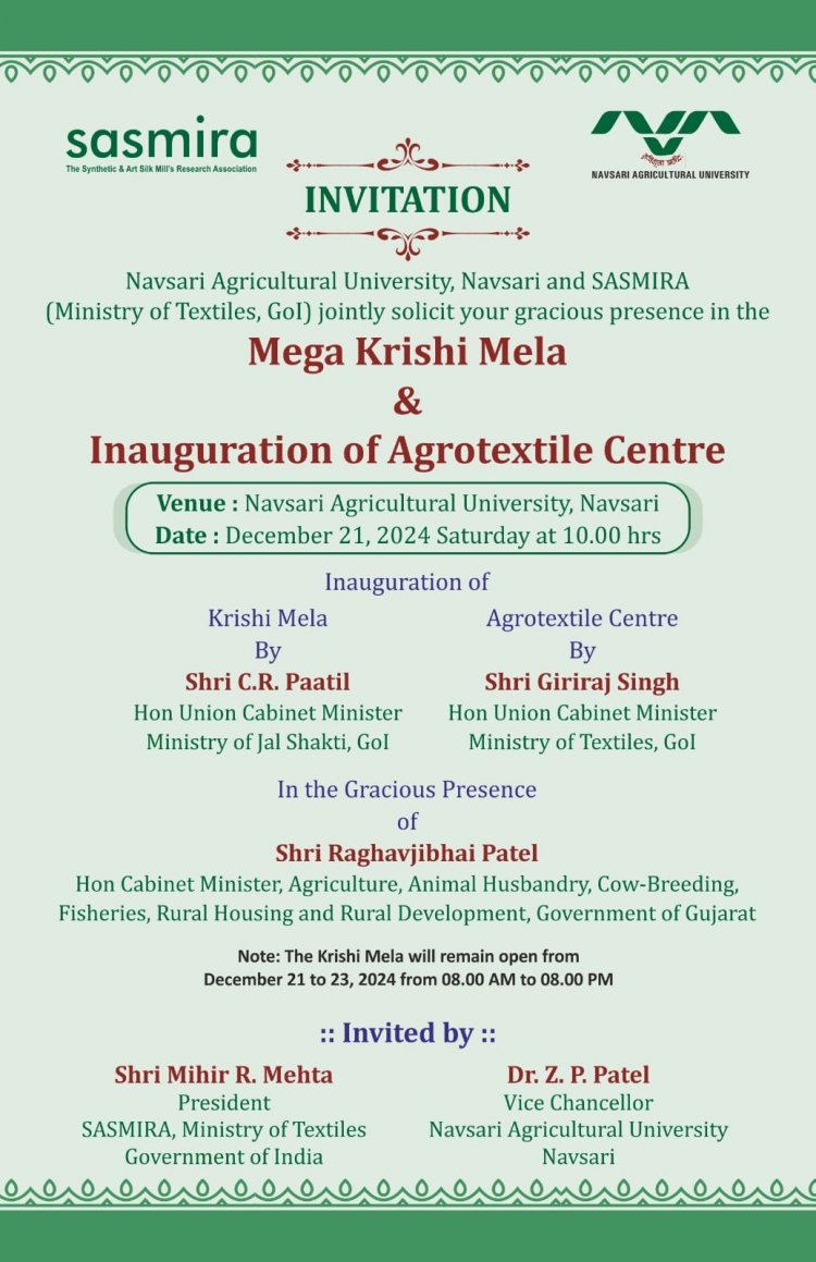 Farmers, scientists, and the public are invited to explore the latest in agricultural technology and innovations at NAU Navsari from 21st to 23rd December 2024. With 120+ stalls, discover cutting-edge solutions for the future of farming!