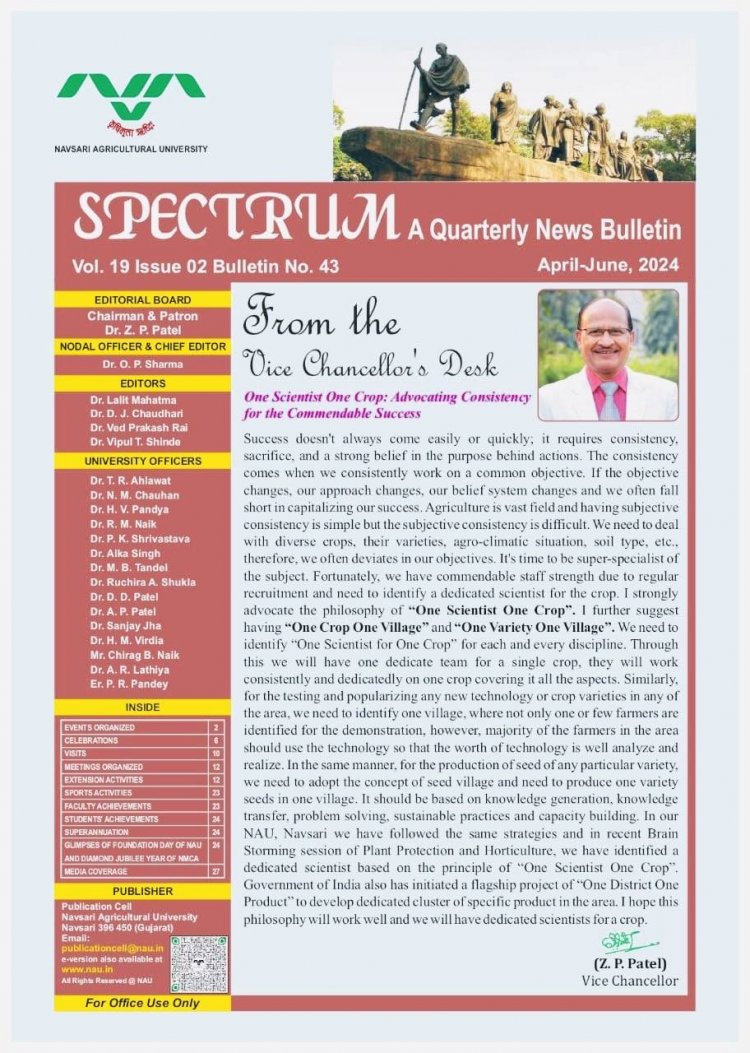 Hon’ble Vice-Chancellor Dr. Z. P. Patel received 1st copy of spectrum (Quarterly News Bulletin of NAU) Vol. 19 Issue 2 Bulletin No. 43 from Dr. O. P. Sharma, Nodal Officer, Publication Cell & Dean, AABMI. 