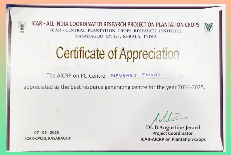 All India Co-ordinated project on Plantation Crops received 'Best resources generating centre for the year 2024-25' 