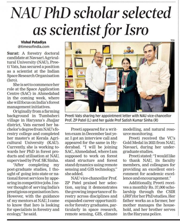 NAU PHD Scholar Selected as scientist for ISRO