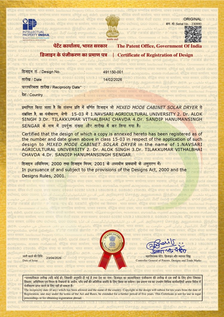 Successful registration of patent titled “Mixed Mode Cabinet Solar Dryer.”