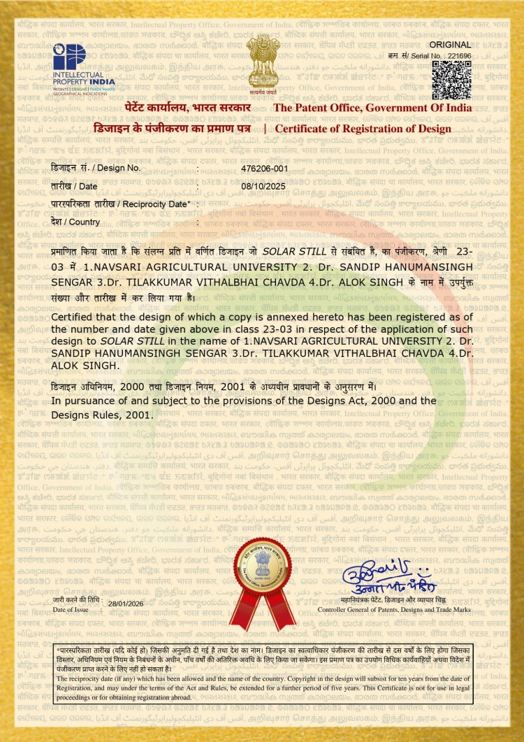 Successful Registration of patent titled “Solar Still 476206-001.”