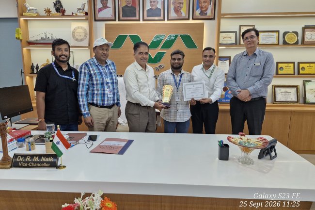 Hon’ble Vice-Chancellor Dr. R. M. Naik along with Dr. T. R. Ahlawat, Director of Research felicitated Mr. Shrey Patel, 2nd Year M.Tech. student of College of Agricultural Engineering & Technology (CAET), Dediapada, for securing 1st Prize in the National Soil & Water Conservation Olympiad–2026, organized by the Soil Conservation Society of India (SCSI) .