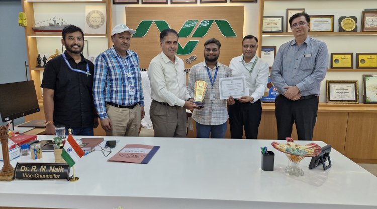 Hon’ble Vice-Chancellor Dr. R. M. Naik along with Dr. T. R. Ahlawat, Director of Research felicitated Mr. Shrey Patel, 2nd Year M.Tech. student of College of Agricultural Engineering & Technology (CAET), Dediapada, for securing 1st Prize in the National Soil & Water Conservation Olympiad–2026, organized by the Soil Conservation Society of India (SCSI) .